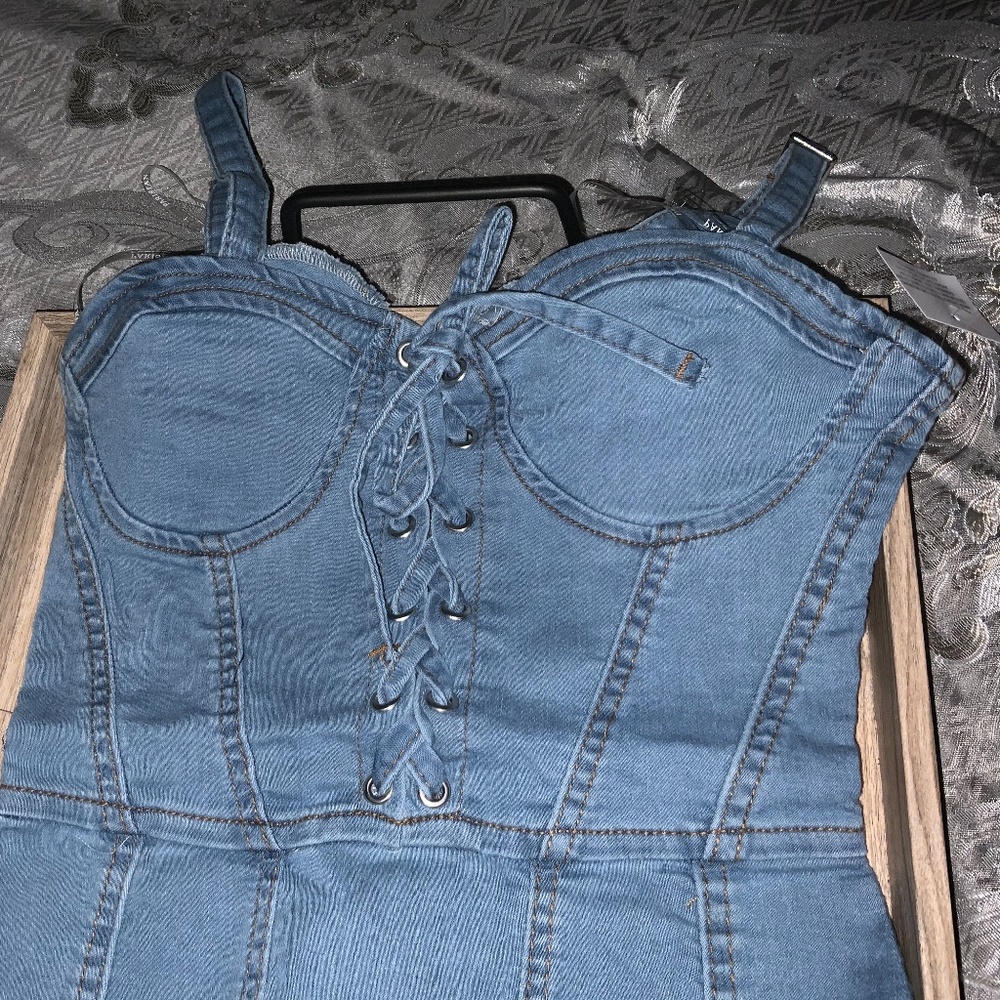 Lace Up Front Denim Mini Dress NWT